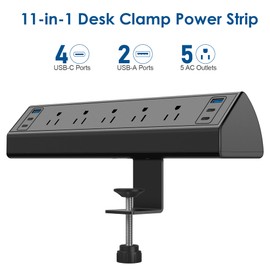Desk Clamp Power Strip USB C,Under Desk Mount Power Station,20W Fast Charging,Fits 1.9'' Tabletop Edge,Desk Surge Protector,Perfect Home,Office Supplies (Black, 5 Outlets & 6 USB Ports & 10 FT Cable)