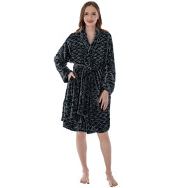 PAVILIA Dark Gray Short Robe for Women, Womens Robes Lightweight, Plush Fluffy Shower Bath Robe for College Dorm Women, Soft Fuzzy Robe with Pockets, Cozy Knee Length Ladies Bathrobe, S/M