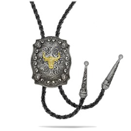 Aswitnove Western Bolo Tie Longhorn Skull Bullhead Cowboy Bola Tie Prayer Cross Necktie Handmade Leather Bolo Tie for Men, Engraved Golden Bullhead, Large