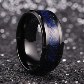 King Will DRAGON 9mm Stainless Steel Ring Blue Carbon Fibre & Sliver Celtic Dragon Inlaid with Polished Beveled Edge&Black Plated(10.5)