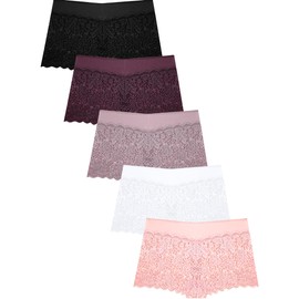 ALL OF SHE Women's Underwear Lace Boy Shorts Breathable Panties Stretch Cotton Waistband Underwear Women 5 Pack