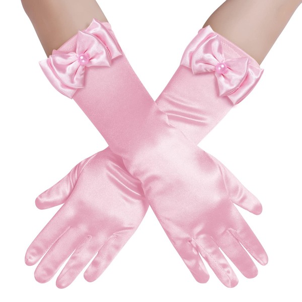 Yolyoo Girls Princess Gloves,Girl White Long Satin Princess Dress Up Diamonds Bows Gloves for Birthday,Wedding, Costume Party (Pink)