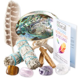 JL Local Perfect Unity Smudging Kit - 2 White Sage Smudge Sticks + 2 Palo Santo Sticks + Abalone Shell Bowl + Rose Quartz, Amethyst, Tiger's Eye & Clear Quartz | Healing Incense for Cleansing