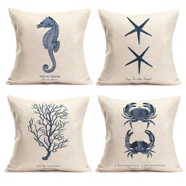 Qinqingo Ocean Nautical Theme Set of 4 Cotton Linen Marine Life Blue Seahorse Crab Coral Starfish Throw Pillow Cases Couch Sofa Home Decorative Cushion Cover 18"x18" (GQ002)