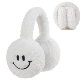 Ear Muffs for Winter Women, Adjustable Head Band Fuzzy Faux Fur Earmuffs Foldable Ear Warmer Girls Soft Ear Covers Smiley Face White
