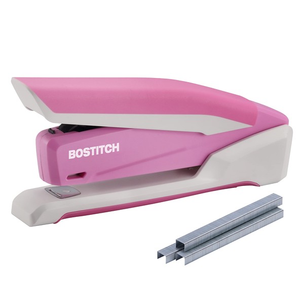 Bostitch Office InPower Spring-Powered Desktop Stapler, 20 Sheet Capacity, One Finger Stapling, Includes 210 Staples, Jam Free, Opens for Tacking, Breast Cancer Awareness Pink