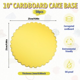 Giantree 50 Pack 10 Inch Gold Cake Boards Round Disposable Cake Base Board Circle Cakes Cardboard Rounds Scallop Edge Grease Proof Coated Plate for Wedding Christmas Birthday Decorating