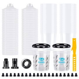 YUZES Disposable Paint Spray Gun Cup Kit - 20 Ounce (600ml), 50 Disposable Paint Cups with Lids, 190-Micron Filter, 2 Hard Cup with Retainer Ring, 20 Plugs, 2 Spray Gun Adapter, PTFE Tape, Stirrer