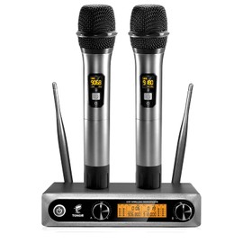 TONOR Wireless Microphones, Metal Dual Professional UHF Cordless Dynamic Mic Handheld Microphone System for Home Karaoke, Meeting, Party, Church, DJ, Wedding, Home KTV Set, 200ft, TW-820 Silver