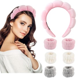 7 Pcs Diademas Skincare, Diademas Mujer, Diadema Spa, 3 Pares Munequeras para Lavado de Cara, Aro de Esponja Suave y Cómodo, para Cuidado de la Piel, Desmaquillaje, Ducha (Rosa)
