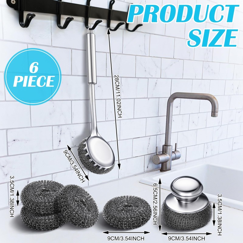 SiliFine 6 Pack Stainless Steel Scrubber with Handle, Silver Stainless