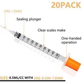 1/2ml 29Gauge 1/2inch(13mm) Disposable Dispensing Lab Supplies Individually Sealed Packaging, 20 Pack