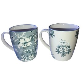 Kaemingk Set of 2 Floral Tea Rose Cottage Garden Design Ceramic Mugs - Blue & White - 10 cm