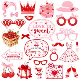 She's The Cherry on Top Photo Booth Props Cherry Bridal Shower Decorations Coquette Cherry Party Decor Love is Sweet Bachelorette Party Decor for Women Wedding Bridal Shower Hen Party Favors Supplies