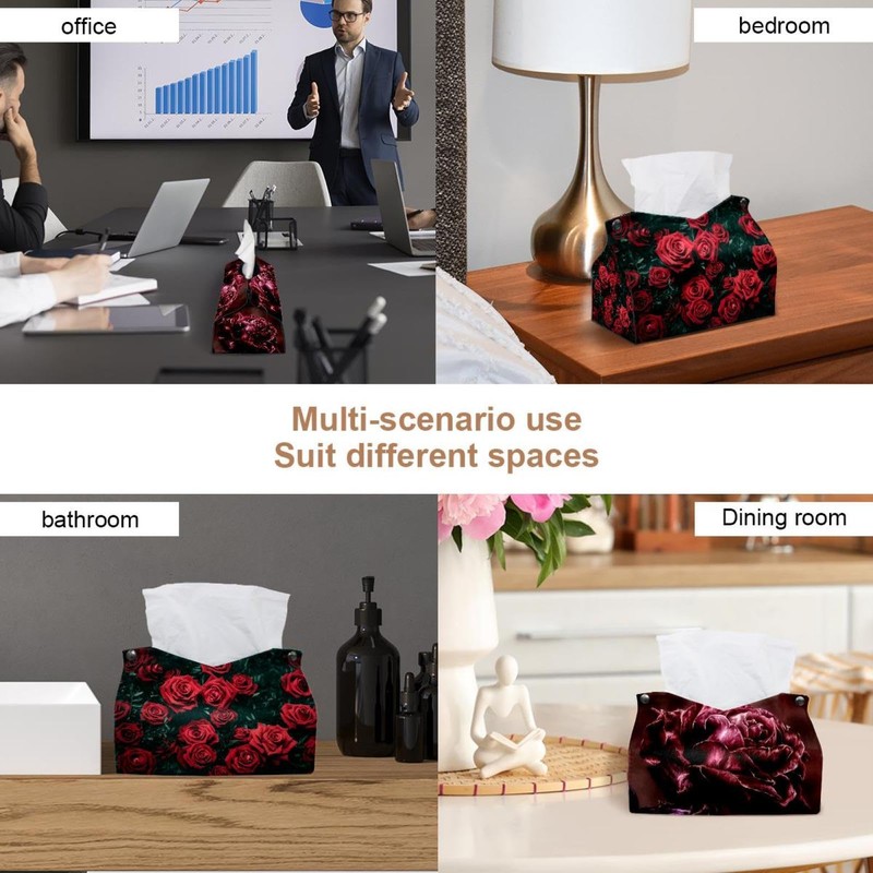 2 Pack Tissue Box Cover Holder, Red Roses Rectangle Leather