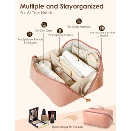 Travel Makeup Bag,Large Capacity PU Waterproof Storage Makeup Bag,Open Flat Toiletry Bag Makeup Organizer,Travel Storage Bag Skin Care Cosmetics Toiletries (A-Pink)