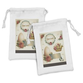 Ambesonne Easter Fabric Pouch Set of 2, Romantic Flower Filled Basket with Eggs Vintage Design Inspiration Nostalgic Pattern, Small Drawstring Bag for Toiletries Masks and Favors, 9" x 6", Multicolor