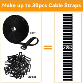 Correas de cable ajustables de 20 pies x 2,5 cm con 30 hebillas, correas de gancho y bucle, bridas de nailon reutilizables para organizador de cables, organizador, orden de cables