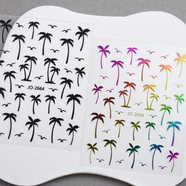4 Sheets Coconut Tree Nail Art Stickers 3D Self-Adhesive Summer Nail Decal Gold Black Rainbow and Plain Silver Gradient Design Nail Decoration Nail Art Supplies for Women