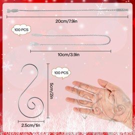 KATELUO Hooks for Christmas Baubles, Christmas Tree Baubles Hooks, 100 Hooks + 100 Ropes, Christmas Bauble Hanger, Christmas Snap Closure Ropes for Christmas Decorations (Silver)