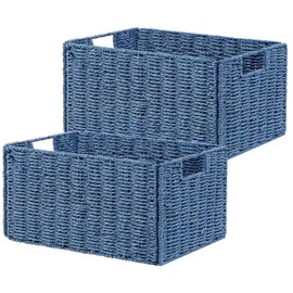 Vagusicc Small Wicker Storage Baskets, Set of 2 Storage Basket Bins, Foldable Toilet Paper Small Wicker Baskets for Organizing Toilet Shelves, Blue