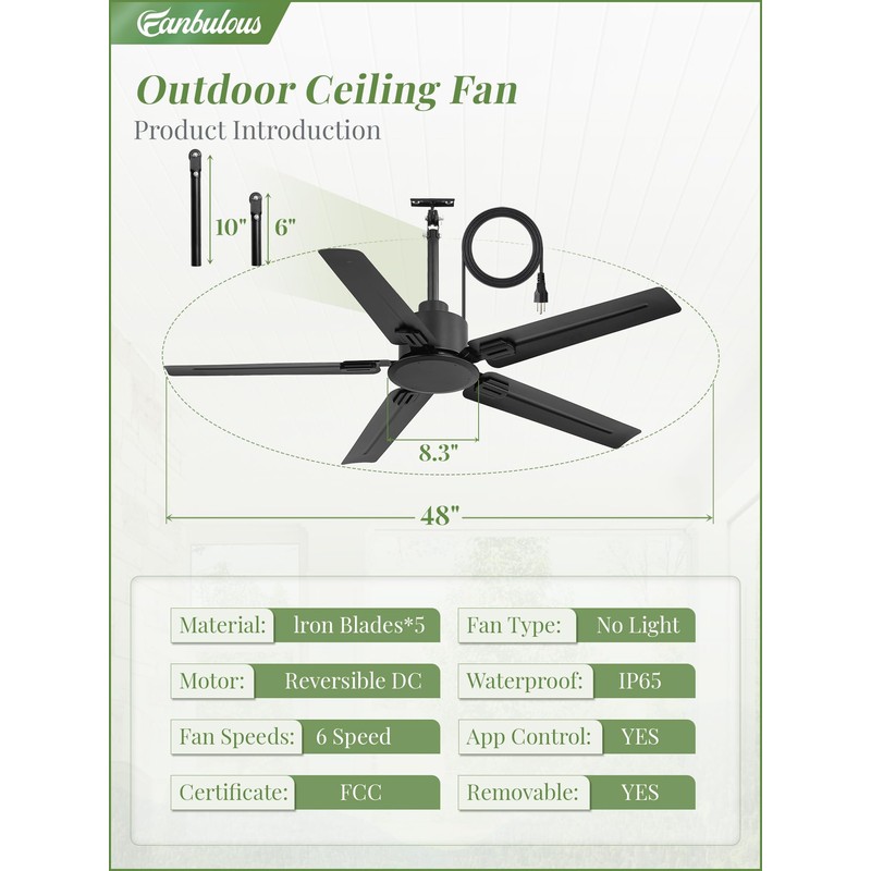 Fanbulous 48" Outdoor Ceiling Fan No Light,IP65 Wet Rated Waterproof