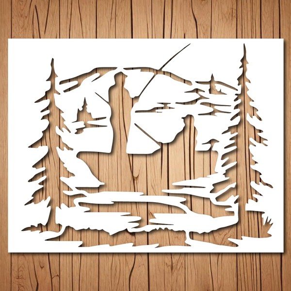Lake Fishing Scene Stencil | Reusable Nature Lake Fishing Stencils