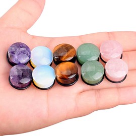 Longbeauty 5 Paare Gemischte Stein Ohr Gauges Plugs mit O-Ring Single Flared Ohr Tunnels Expander Piercing Stretcher für Gedehnte Ohrloch, 14MM
