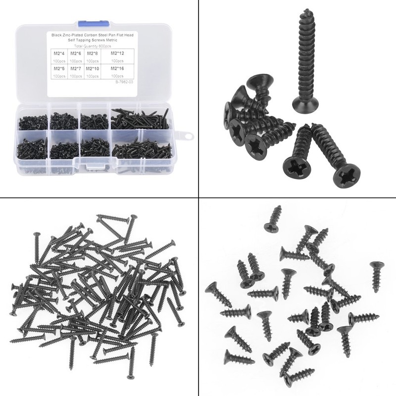 800 pcs M2 Black Carbon Steel Self-Tapping Screw Assortment Kit,
