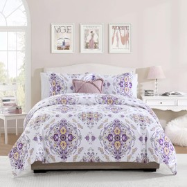 Quilta Cotton Duvet Cover King - 100% Cotton King Duvet Cover Set Damask Purple Duvet Cover 3pcs Soft & Lightweight with Zipper Closure & 8Ties for All Seasons 90 x 104 (No Comforter)