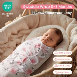 david's kids 100% Cotton 3 Pack Baby Swaddle Wrap for 0-3 Months, Soft Breathable Swaddle Blanket for Newborn Infant, Adjustable Baby Wrap Sleep Sacks for Girls, Newborn Essentials, Pink Floral