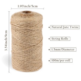 Handyman Crafts Natural Jute Twine Hemp Rope (1.5mm/2mm/3mm/6mm) Durable String for Handmde Crafts,Gardening Applications,Home Gardening,Cat Scratching Post,Gift Packaging. (1.5mm328ft)