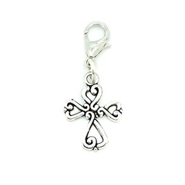 JewelleryJoy Filigree Cross Religious Sign Clip On Lobster Clasp Charm in Organza Gift Bag