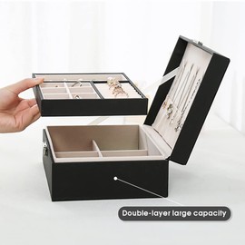 Pahajim Jewellery Box Jewellery Organiser 2 Layer Earring Storage Organiser PU Leather Lockable Jewellery Case with Key for Necklace Ring Bracelet