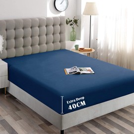 ForZzz 2000TC Fitted Sheet King Single Size -Premium Microfiber Fitted Bottom Sheet only- Ultra-Soft Wrinkle Free -Fitted Bedding Sheet Fits Mattress Deep Pocket up to 40 cm for Home&Hotel Navy