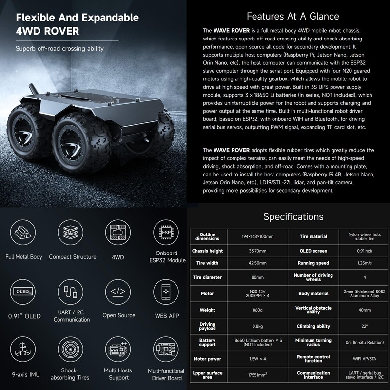 Waveshare Wave Rover Flexible and Expandable 4WD Mobile Robot Chassis,