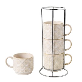 SumitlEyao 6 Oz Coffee Mugs with Stand, Stackable Coffee Cups Set of 4, Ceramic Espresso Cups, Embossed Cappuccino Cups for Latte, Cocoa, Mocha, Tea, Housewarming Wedding Present, Dishwasher Safe