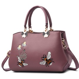 FOLOVEYA Handbag Women's Elegant Flower Shoulder Bags Handbag Women Top Handle Bag PU Leather Tote Crossbody for Shopping Work Travel Embroidery Shoulder Bag, Purple B
