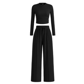 BTFBM Casual 2 Piece Sets For Women Fall Outfits Ribbed Knit Long Sleeve Crop Top Wide Leg Pants Matching Lounge Set(Solid Black, Large)