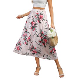 Zeagoo Skirt Women's Long Summer Skirt with Pockets Elastic High Waist Maxi Skirt Elegant Long Tiered Skirt S-XXL, Pink (pink flowers), M
