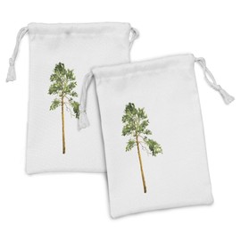 Ambesonne Tree Fabric Pouch Set of 2, Aquarelle Sketch of Wild Nature Forest Element Painting Long American Pine, Small Drawstring Bag for Toiletries Masks and Favors, 9" x 6", Pale Coffee Fern Green