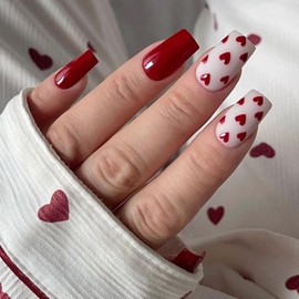 24 Pcs Red Heart Press on Nails Medium Square Valentines Day Fake Nails with Designs Glossy Full Cover Acrylic Nails Kit Reusable Valentine Red False Nails for Women Girls DIY Manicure Decoration