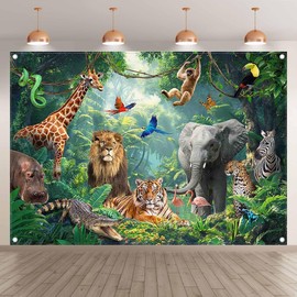 Luminora 7x5ft Fabric Jungle Safari Backdrop Tropical Rainforest Animals Photography Background Wild Decorations Kids Birthday Party Photo Banner Props