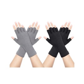 Kiiwah 2 Pairs Unisex Fingerless Gloves, Stretchy Finger Gloves, Without Fingertips, Half Finger Knitted Gloves, Extend Wrist Gloves, Winter, Black, grey