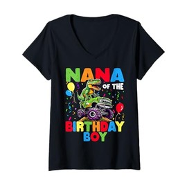 Womens Nana of The Birthday Boy Dinosaur T-Rex Monster Truck V-Neck T-Shirt