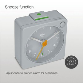 Braun Classic travel Analogue Alarm Clock with Snooze and Light, Compact Size, Quiet Quartz Movement, Crescendo Beep Alarm in grey, model BC02XG