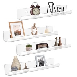 GOTFUN Clear Acrylic Floating Shelves Set of 4 Moisture Proof Small Shelves for Wall No Drilling Wall Mounted Shelves for Album Record Book Picture Display in Bedroom,Bathroom,Living Room