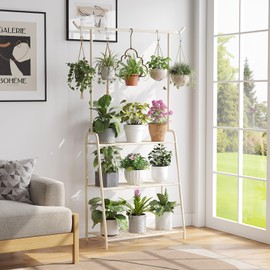 Wieghda Metal Plant Stand Indoor Outdoor, 3 Tier Tall Corner Plant Shelf, Hanging Flower Ladder for Living Room, Balcony, Garden, Patio (White)