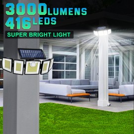 MDCMDCM Solar Lights Outdoor Waterproof Motion Sensor - 416 LEDs 3000 Lumens Super Bright 3 Brightness 3 Modes 2400mAh 360° Illumination 32ft Solar Flood Security Light for Outside - 2Pack