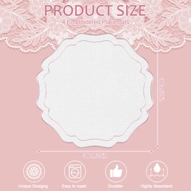 4 Sets Ribbon Twirl Cotton Linen Placemats, 15 inch Embroidery Scalloped Round Cloth Table Mats Washable Fabric Place Mats Flower Shape for Wedding Baby Shower Banquet Party Table Decor-Pink